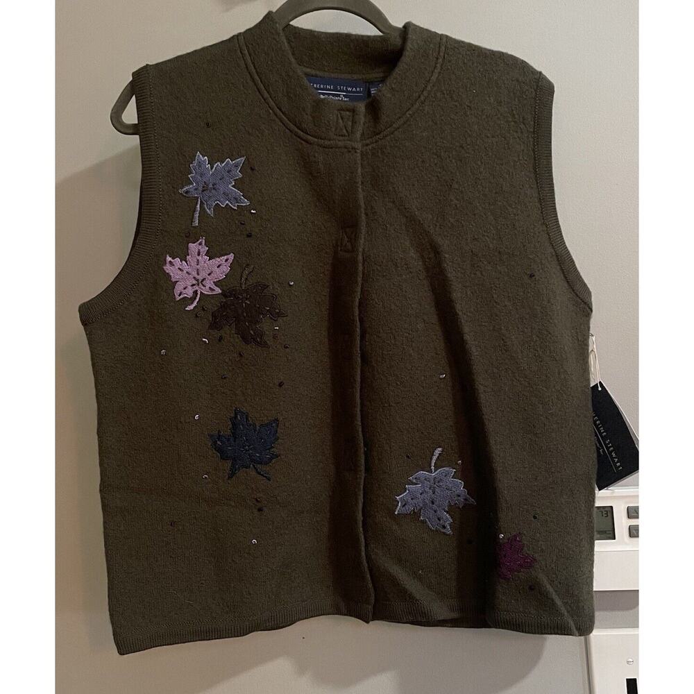 Catherine Stewart Sweater Vest Zip Up‎ Wool Leaf Print Vintage Womens XLarge New
